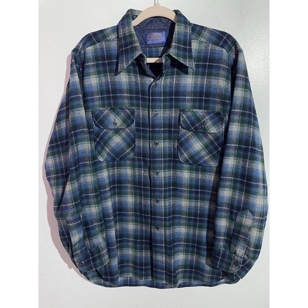 Vtg Pendleton Flannel Shirt Mens L Blue Green Plaid Virgin Wool 60s/70s Rare USA